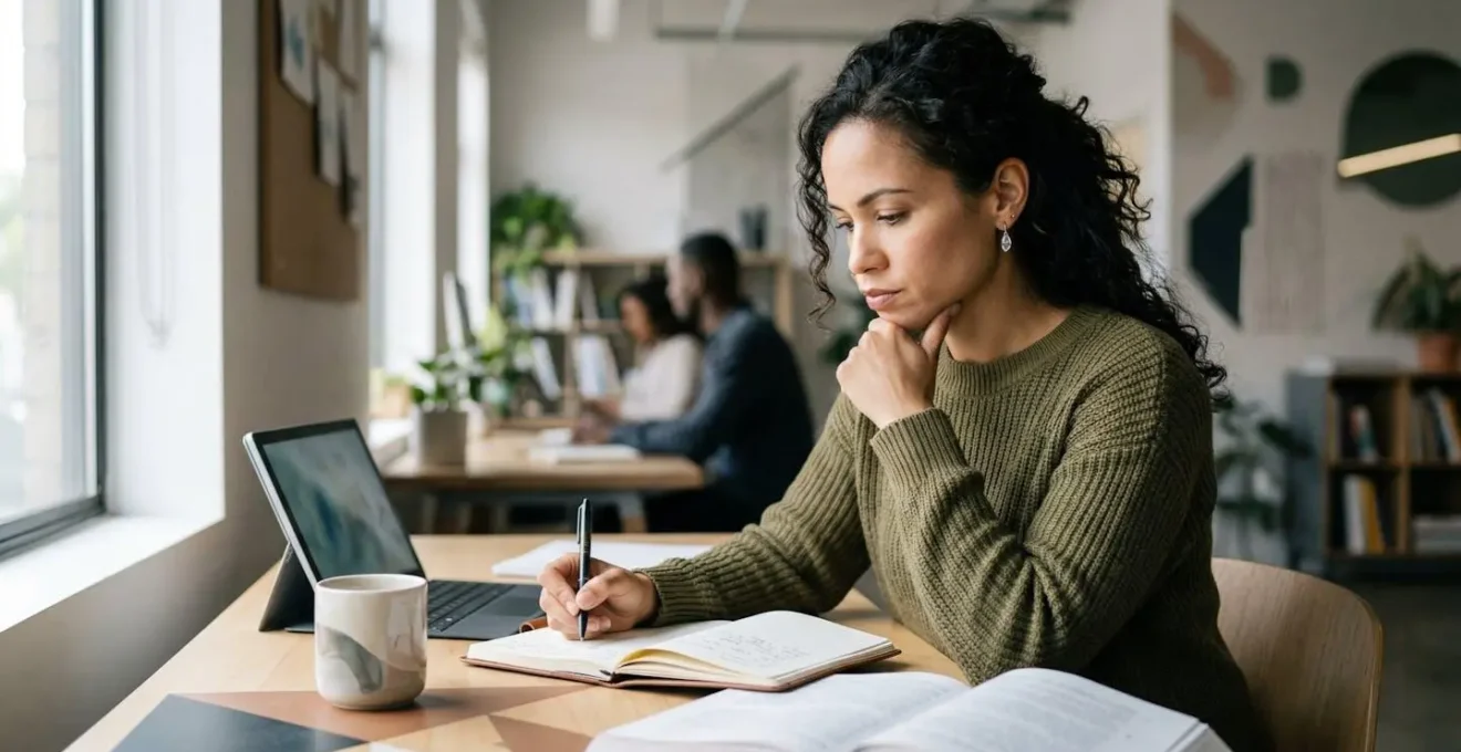 Professional in modern office environment studying skill development materials with subtle progression symbols