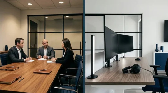 Professional workshop classroom setting contrasted with modern online learning setup