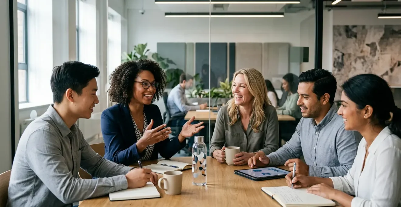 Team members collaborating in modern office with focus on engagement and retention