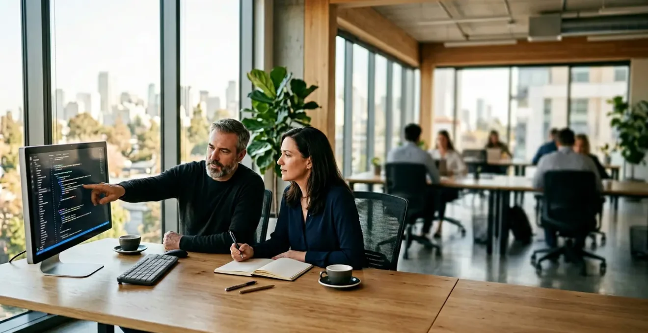 Senior developers collaborating during a technical assessment in a modern workspace