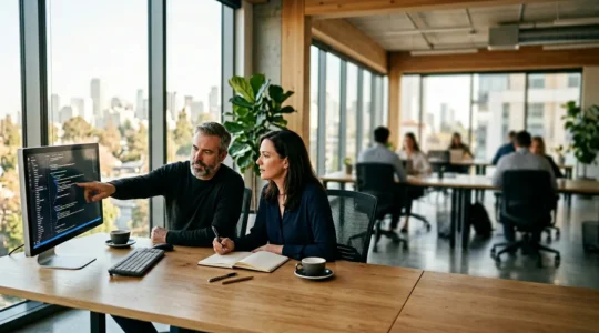 Senior developers collaborating during a technical assessment in a modern workspace