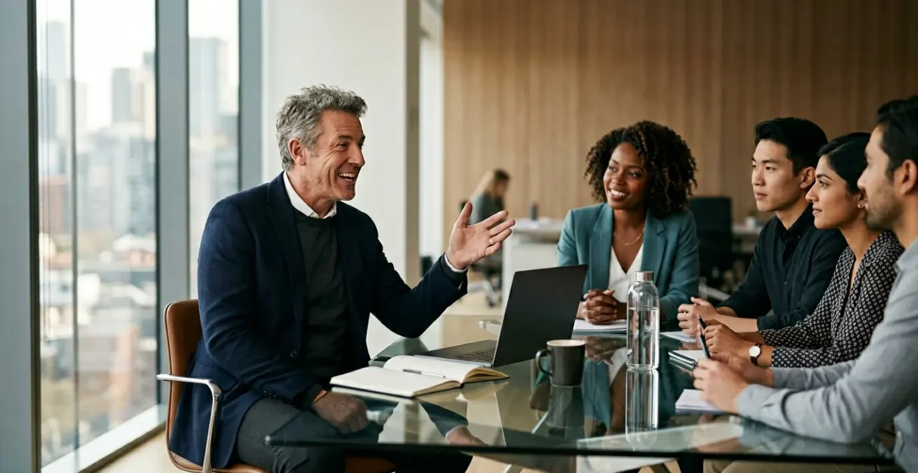 Mature professional confidently leading diverse team in modern workspace