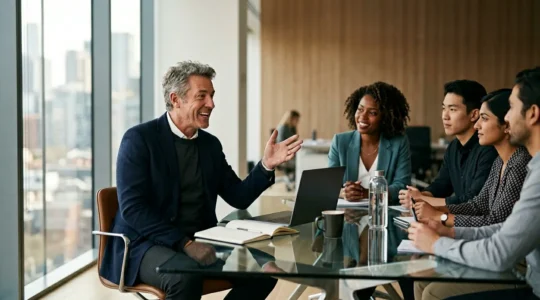 Mature professional confidently leading diverse team in modern workspace