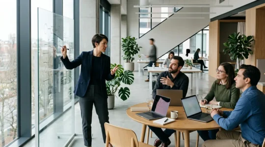 Professional in modern office environment demonstrating emotional intelligence and collaborative soft skills