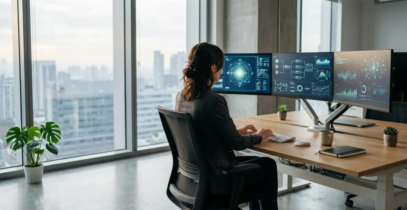 Professional working with multiple specialized software platforms in modern office environment