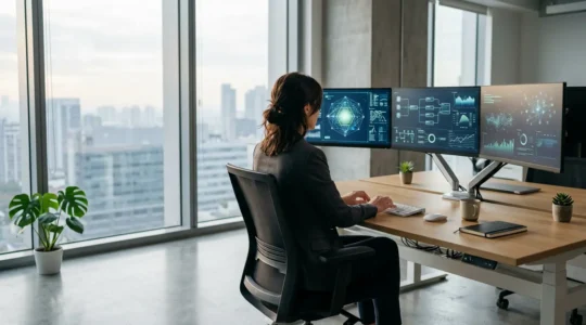 Professional working with multiple specialized software platforms in modern office environment