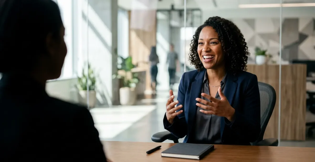 Professional candidate demonstrating confident interview technique in modern office setting