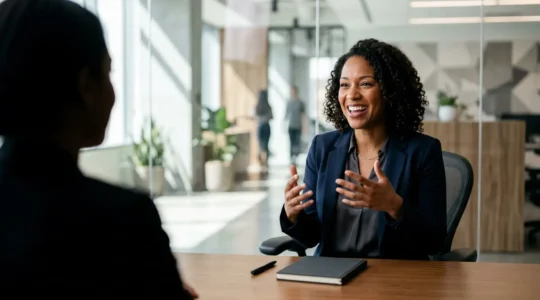 Professional candidate demonstrating confident interview technique in modern office setting