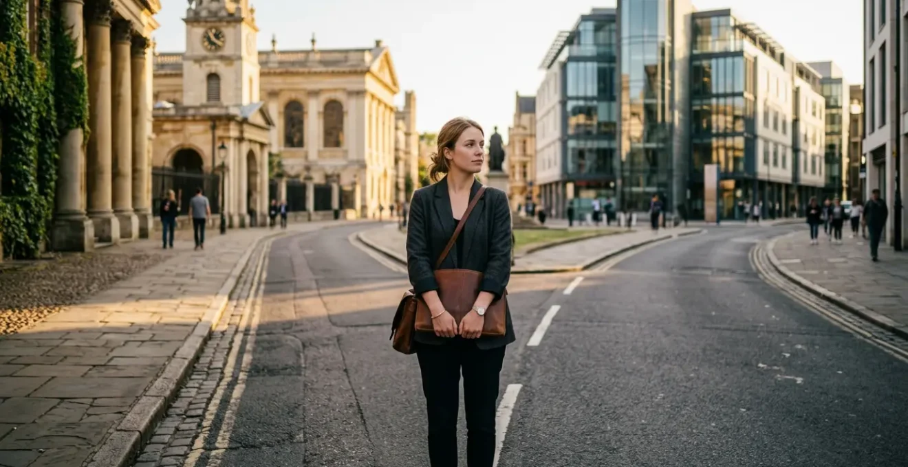 Young adult at career path crossroads with university and vocational symbols