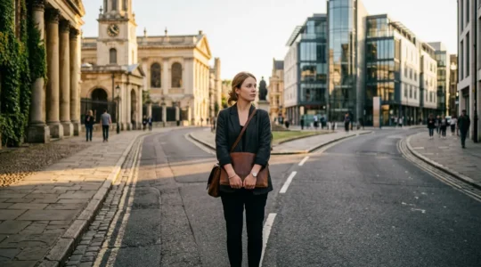 Young adult at career path crossroads with university and vocational symbols