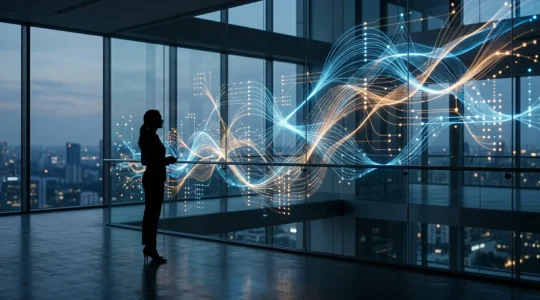 Strategic talent acquisition professional analyzing predictive hiring metrics on holographic dashboard
