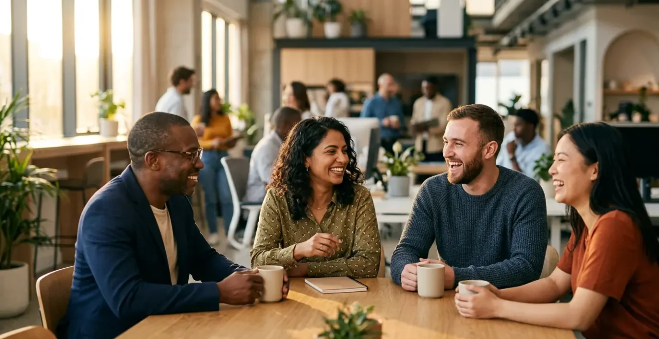 Diverse professionals collaborating in an open workspace with natural light, showcasing authentic engagement and connection