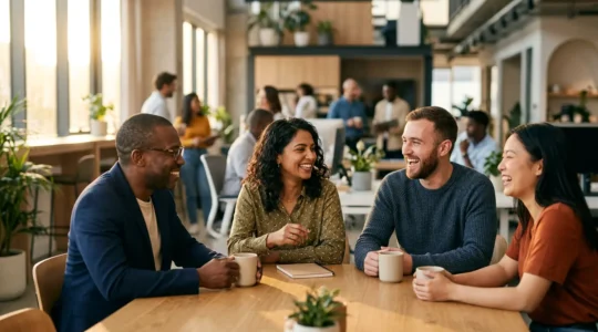 Diverse professionals collaborating in an open workspace with natural light, showcasing authentic engagement and connection