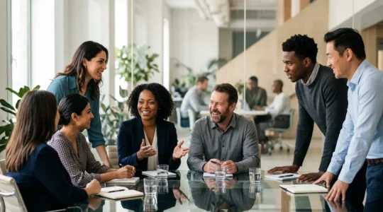 Professional team members working together around modern conference table showing diverse collaboration