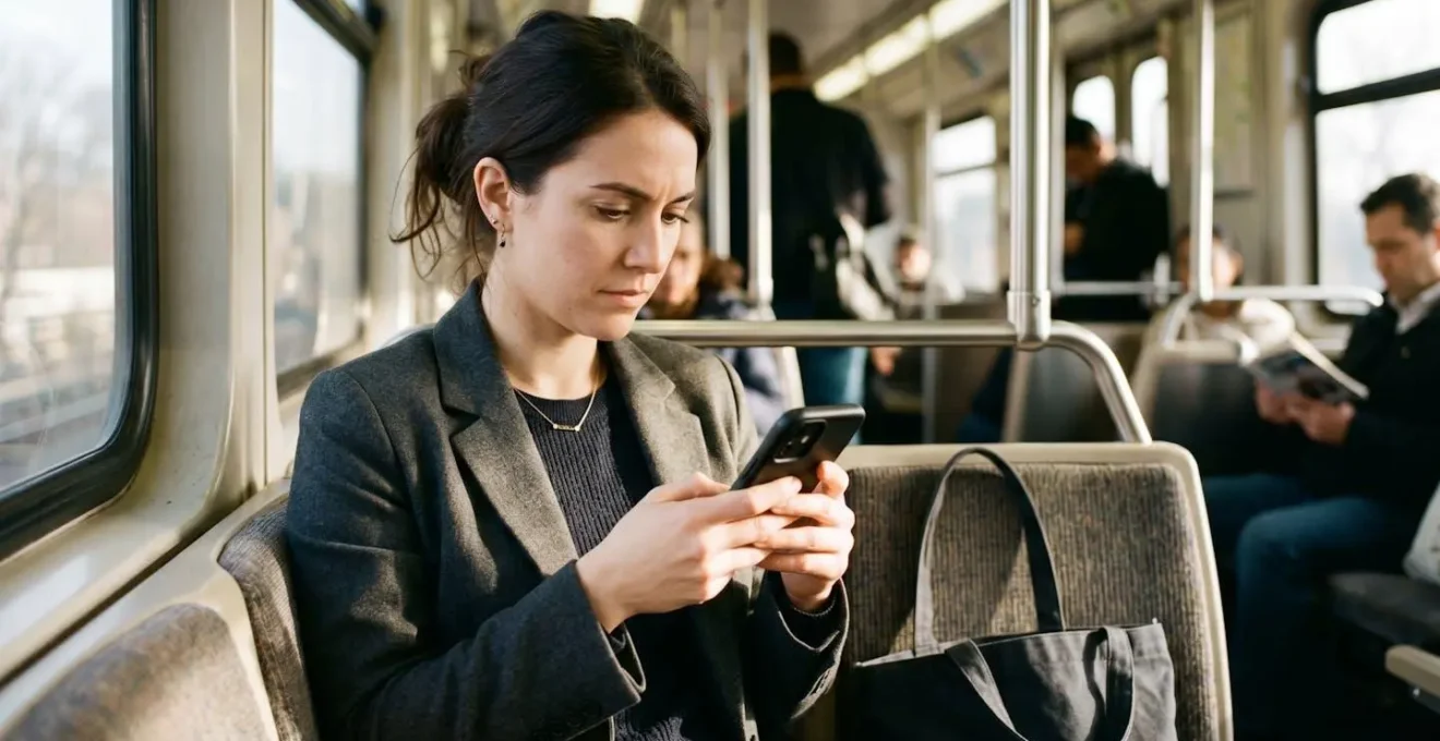 Business professional using mobile learning app during public transit commute