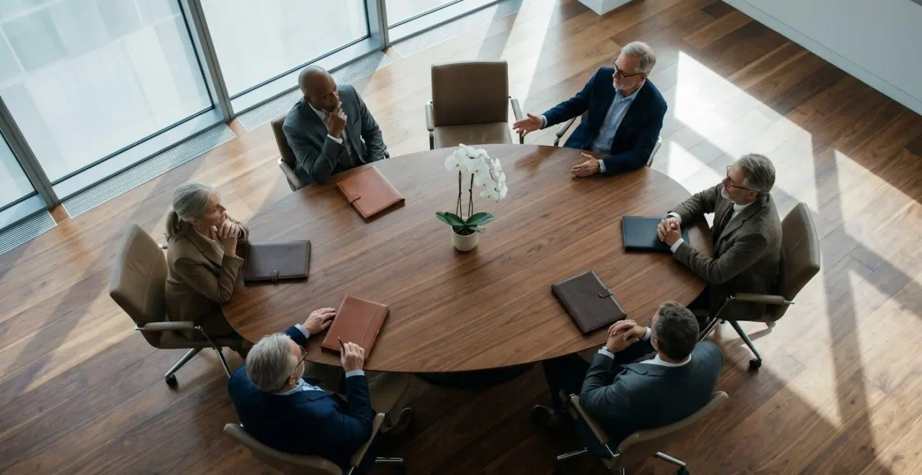 Aerial view of executive boardroom with senior advisors in strategic discussion