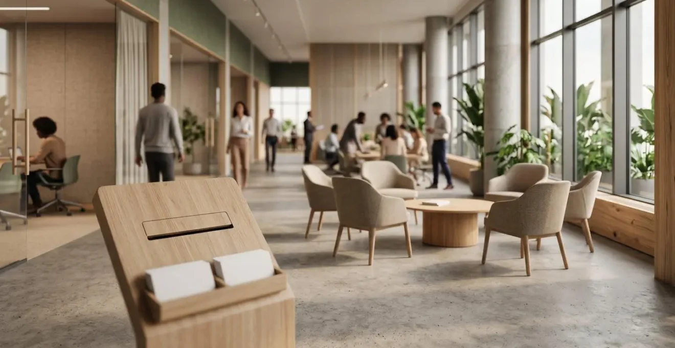A professional office setting with a suggestion box, conveying a sense of psychological safety for confidential feedback.