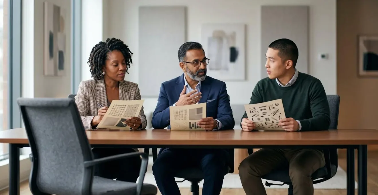 Professional interview setting with diverse panel members and structured evaluation materials