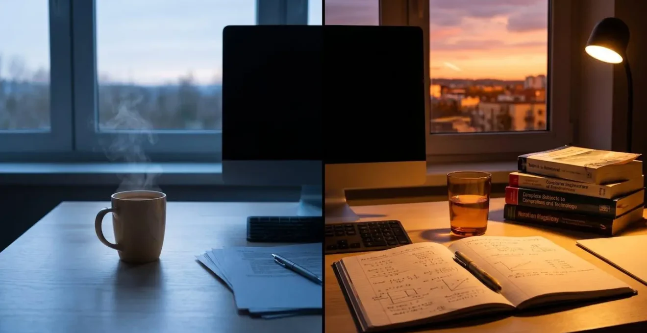 Split composition showing morning and evening learning environments with different lighting