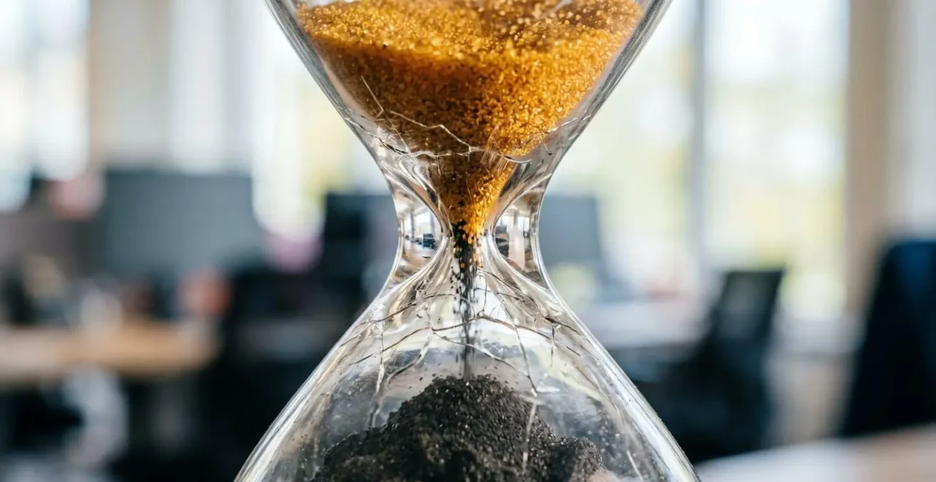 Visual metaphor showing the impact of employee burnout on execution speed as golden sand turns dark and sluggish in an hourglass.