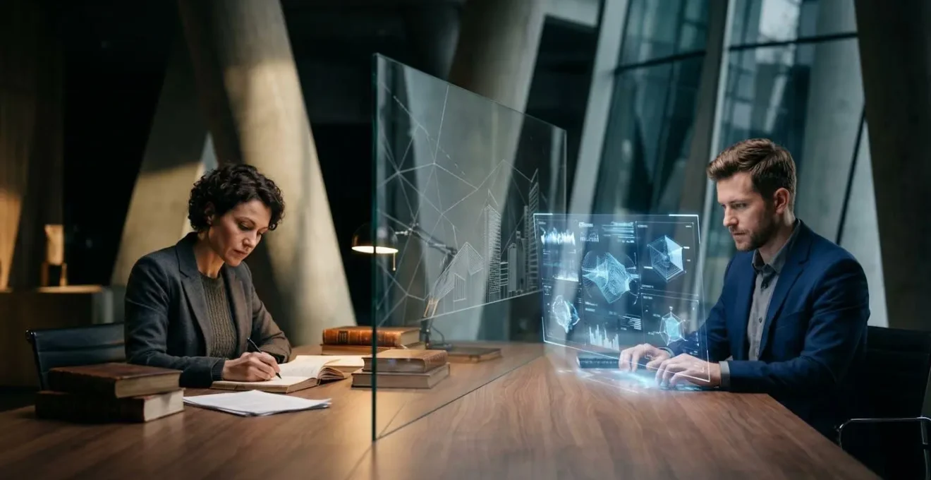 Professional depicting human-AI collaboration in modern workplace