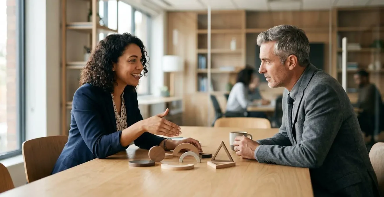 Two professionals in strategic discussion about certification investment in modern office setting