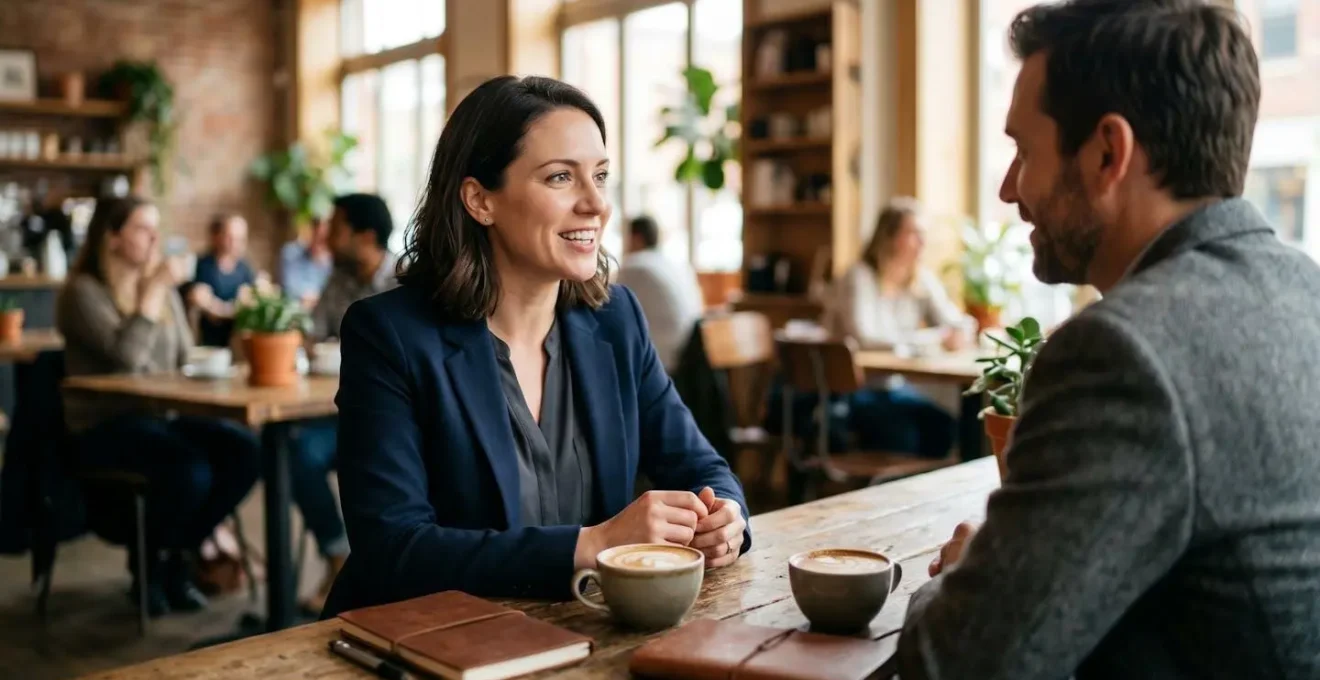 Professional having discreet coffee meeting with subtle networking gestures