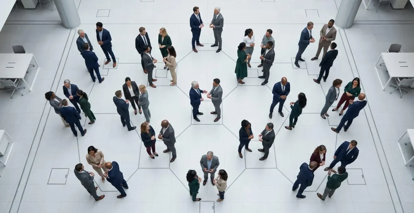 Aerial view of diverse professionals forming an interconnected human network pattern in a modern workspace