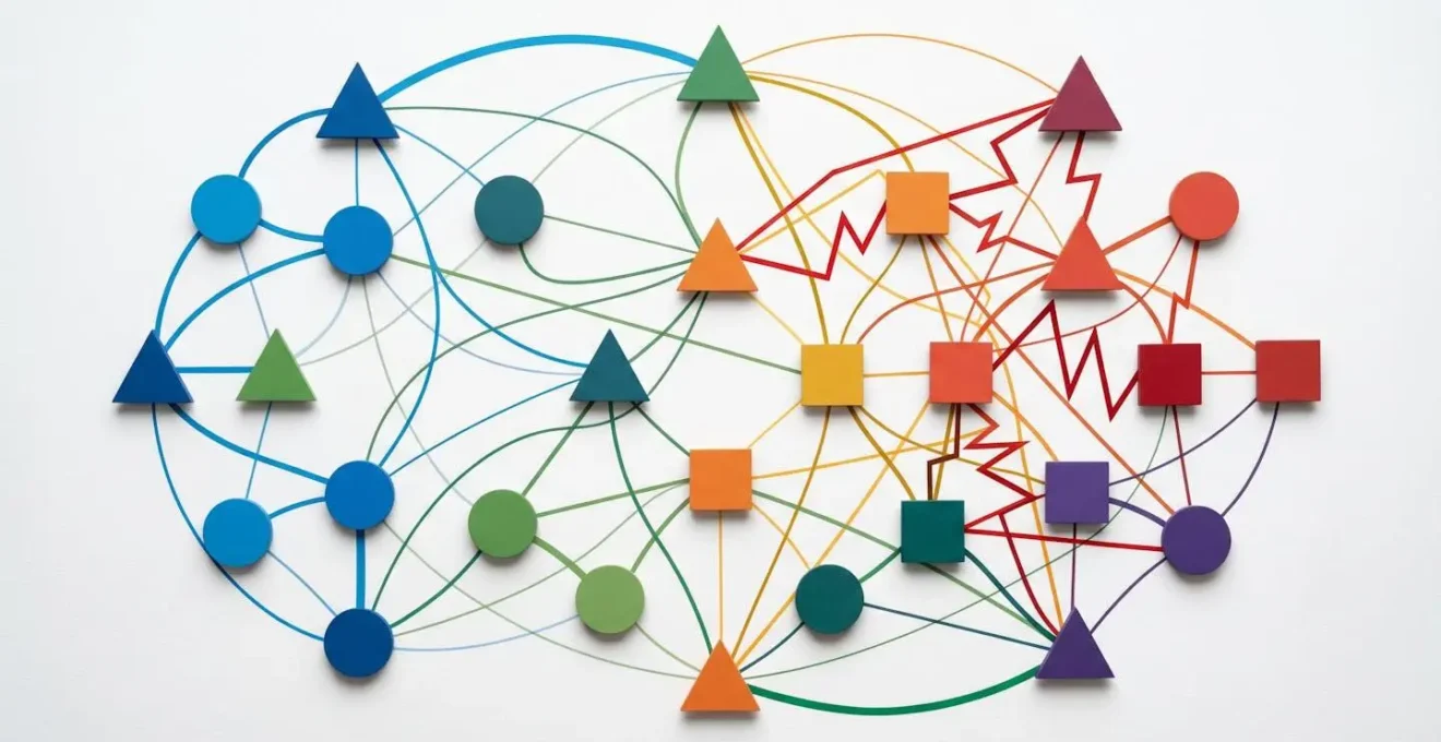 Visual representation of team emotional dynamics and interaction patterns, showing interconnected shapes and potential friction points.