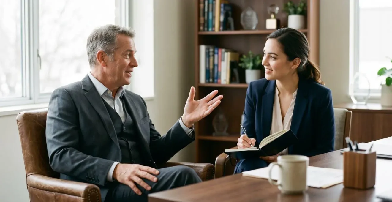 Professional discussing with executive in office setting