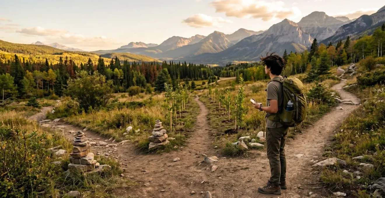 Young adult at a crossroads on a hiking trail, contemplating paths marked by natural symbols of different gap year opportunities.