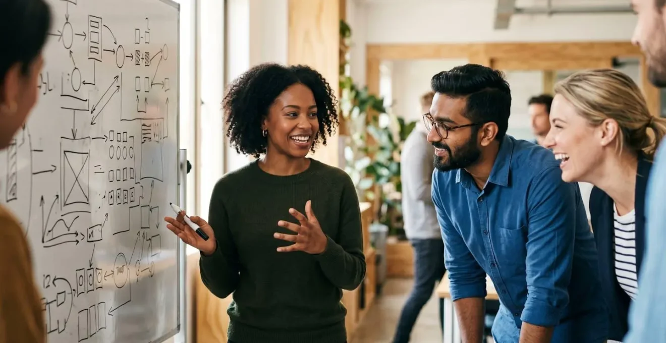 A team of professionals demonstrating unique human skills in a collaborative workspace, highlighting creativity and engagement.