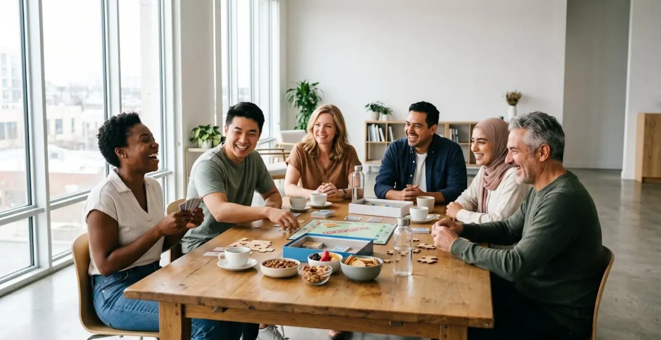 Wide shot of diverse team members engaged in a board game session in a bright, modern space with natural light