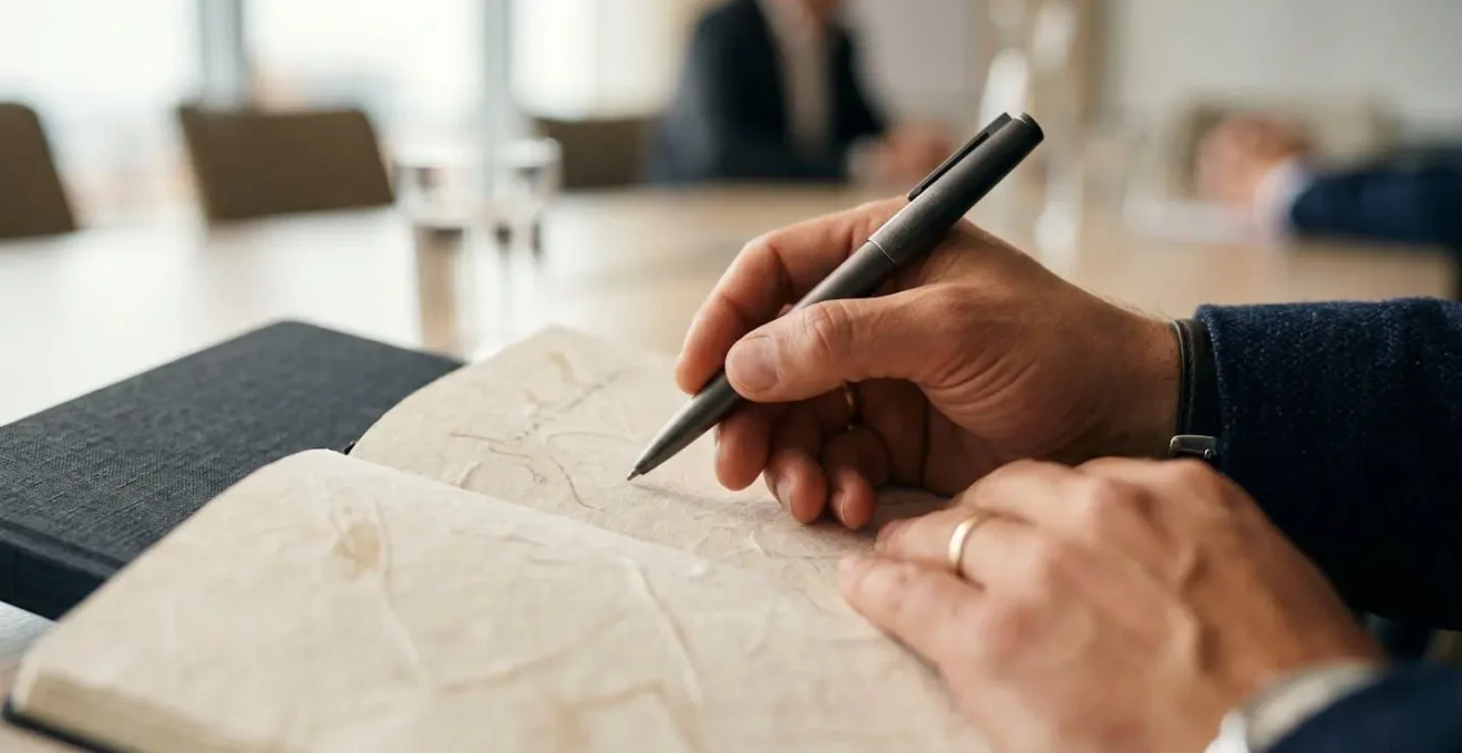 Close-up detail of interviewer's notebook during behavioral assessment in final interview