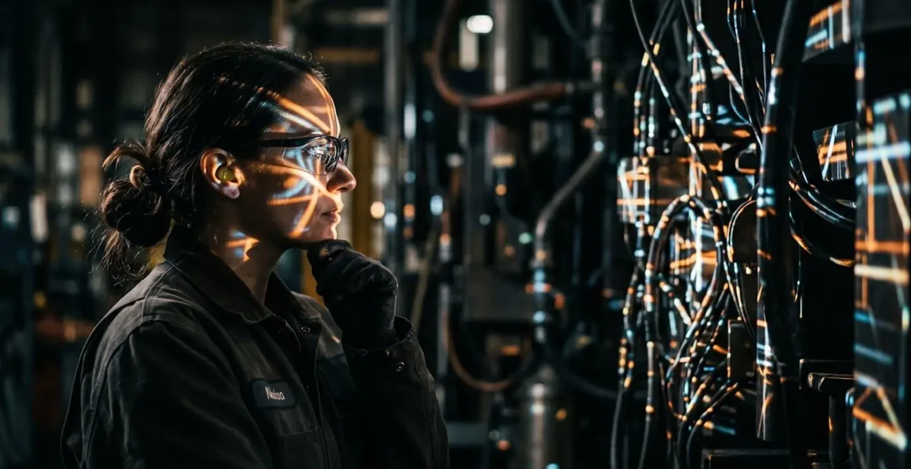 A technician studies abstract holographic data patterns projected from industrial equipment, representing predictive maintenance analysis.