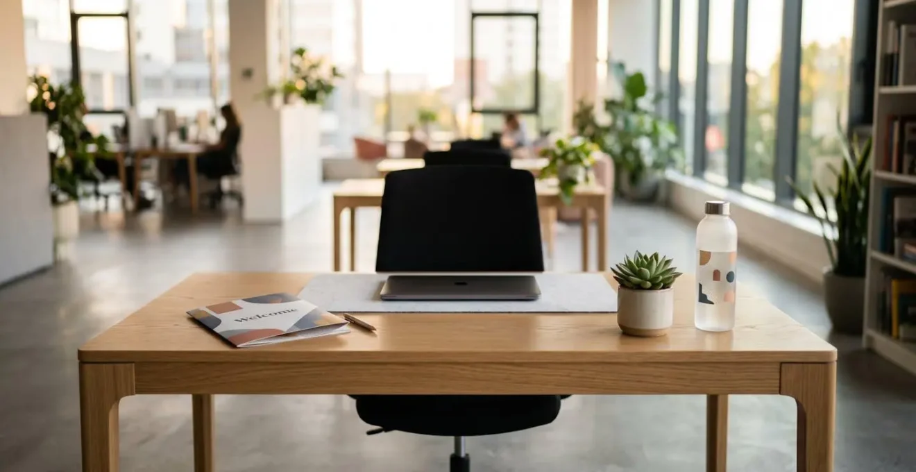 A fully prepared desk setup with laptop, welcome materials, and personalized items ready for a new employee