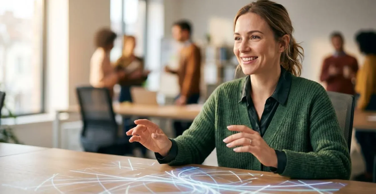 Office worker seamlessly integrating AI tools into workflow with transparent collaboration