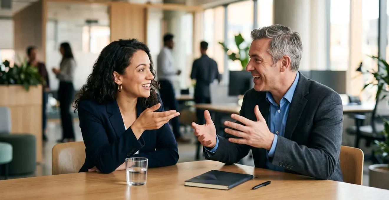 Two professionals in deep conversation during a job interview with thoughtful expressions