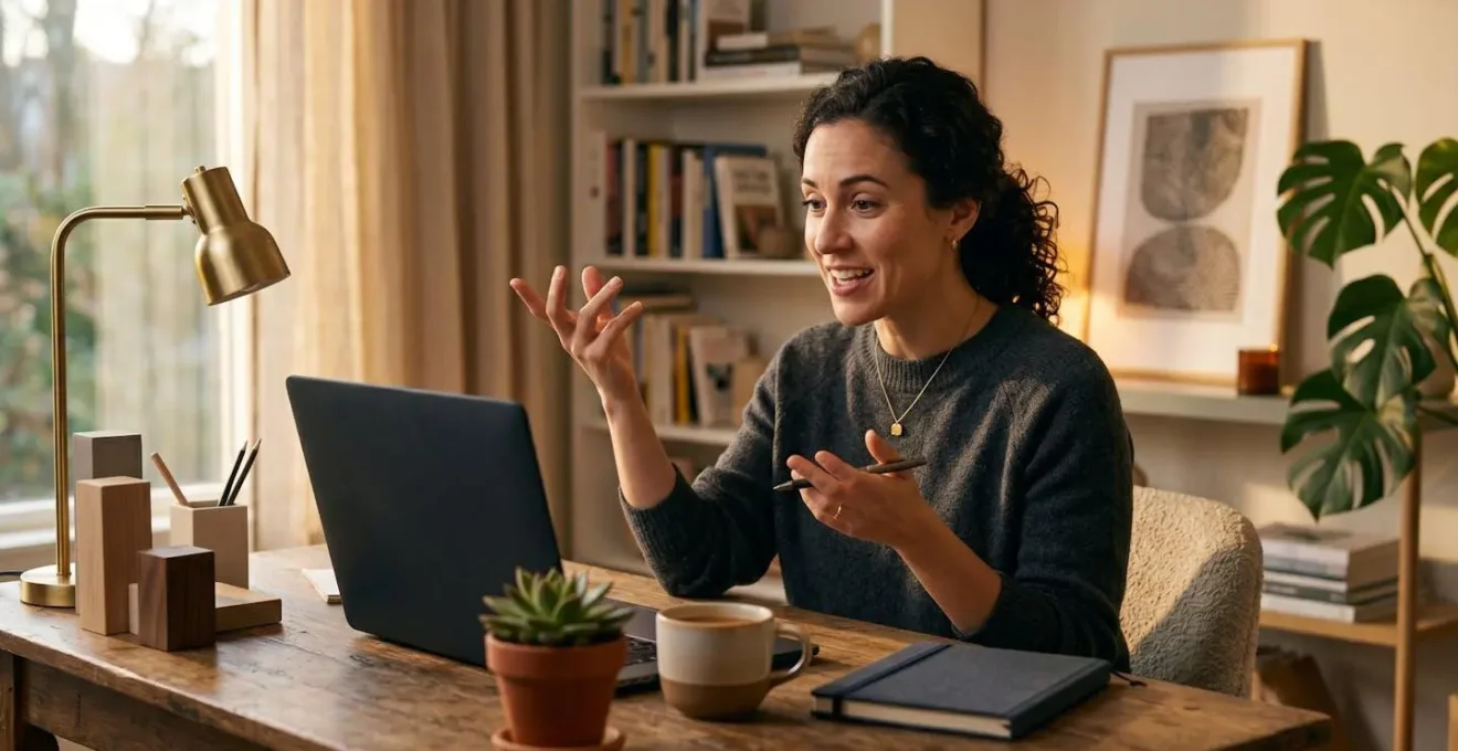 Remote work setup showcasing professional home office environment and productivity metrics