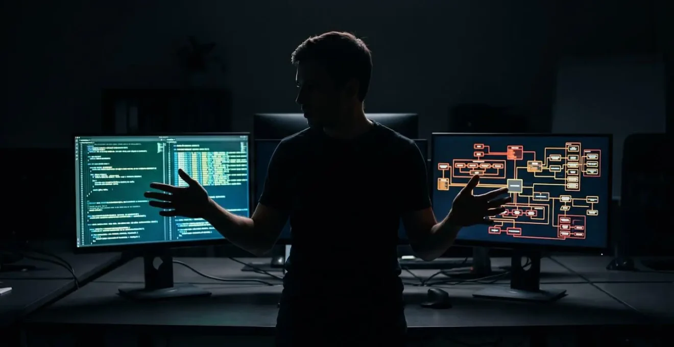 Senior developer reviewing and discussing AI-generated code on multiple screens