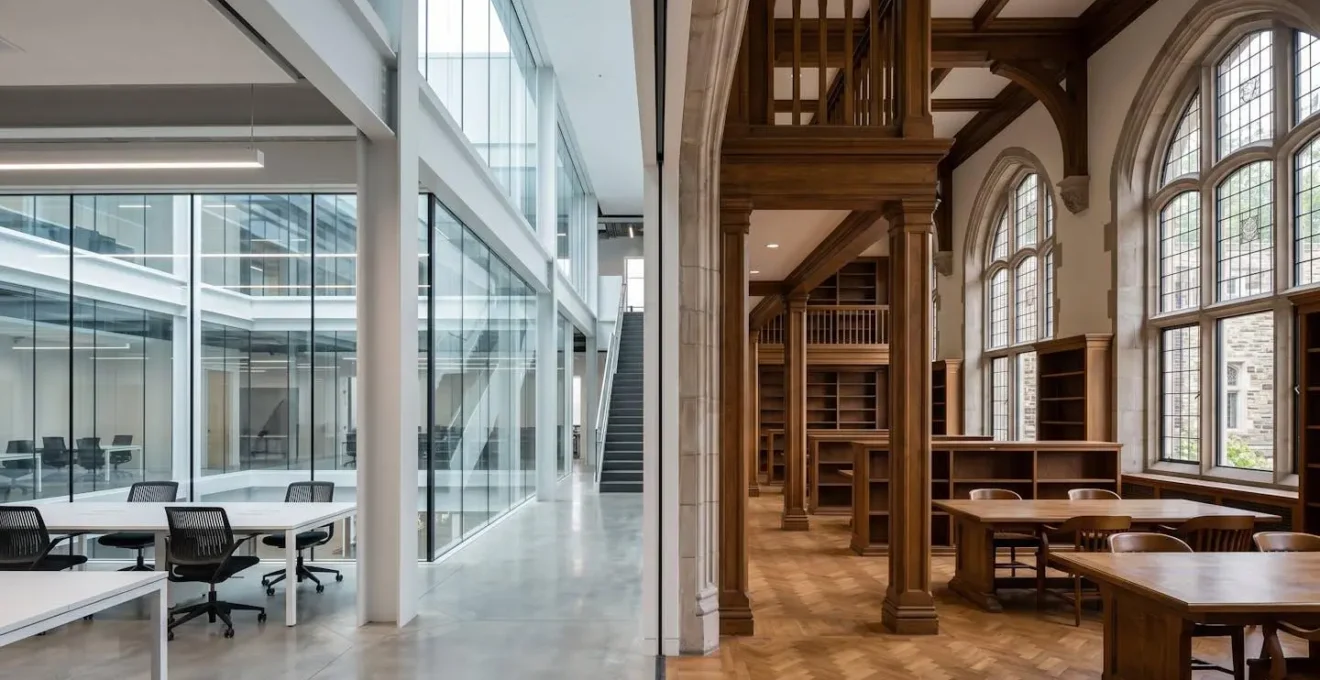 Wide architectural view contrasting a modern tech workspace with a traditional academic library