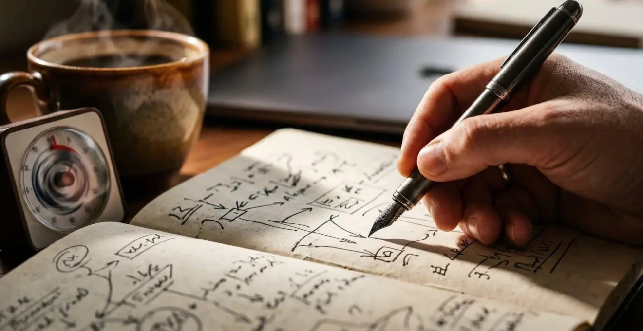 Close-up of a desk with notebooks and planning materials, symbolizing preparation for a strategic virtual mentoring session.