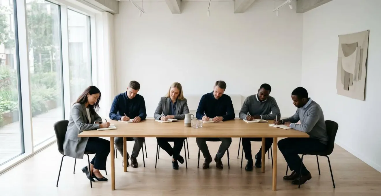 Diverse professionals in quiet reflection during meeting with notebooks and pens