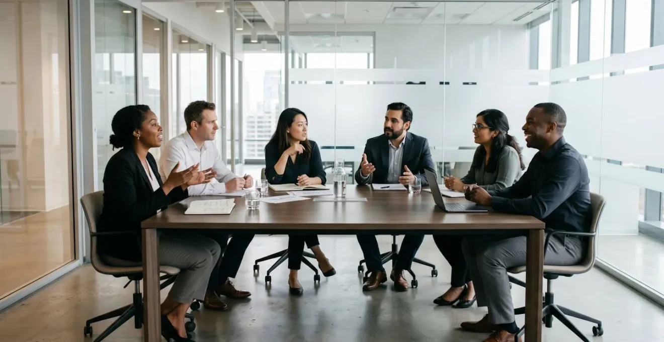 Wide shot of diverse team members in collaborative hiring discussion in modern meeting room
