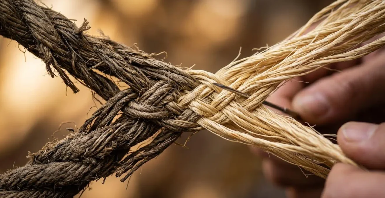 A macro photograph of interwoven rope fibers being rewoven, symbolizing the process of team transformation and renewed collaboration.
