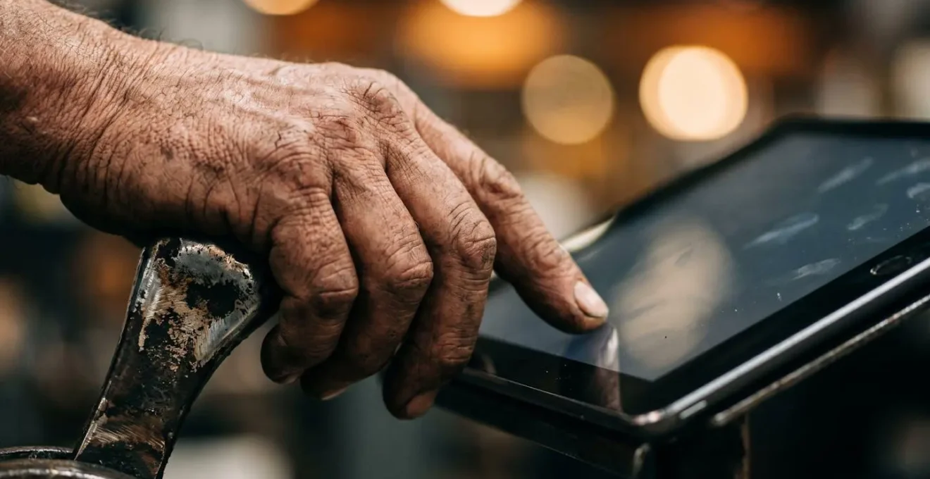 Experienced hands moving from mechanical controls to a modern digital interface on a tablet.