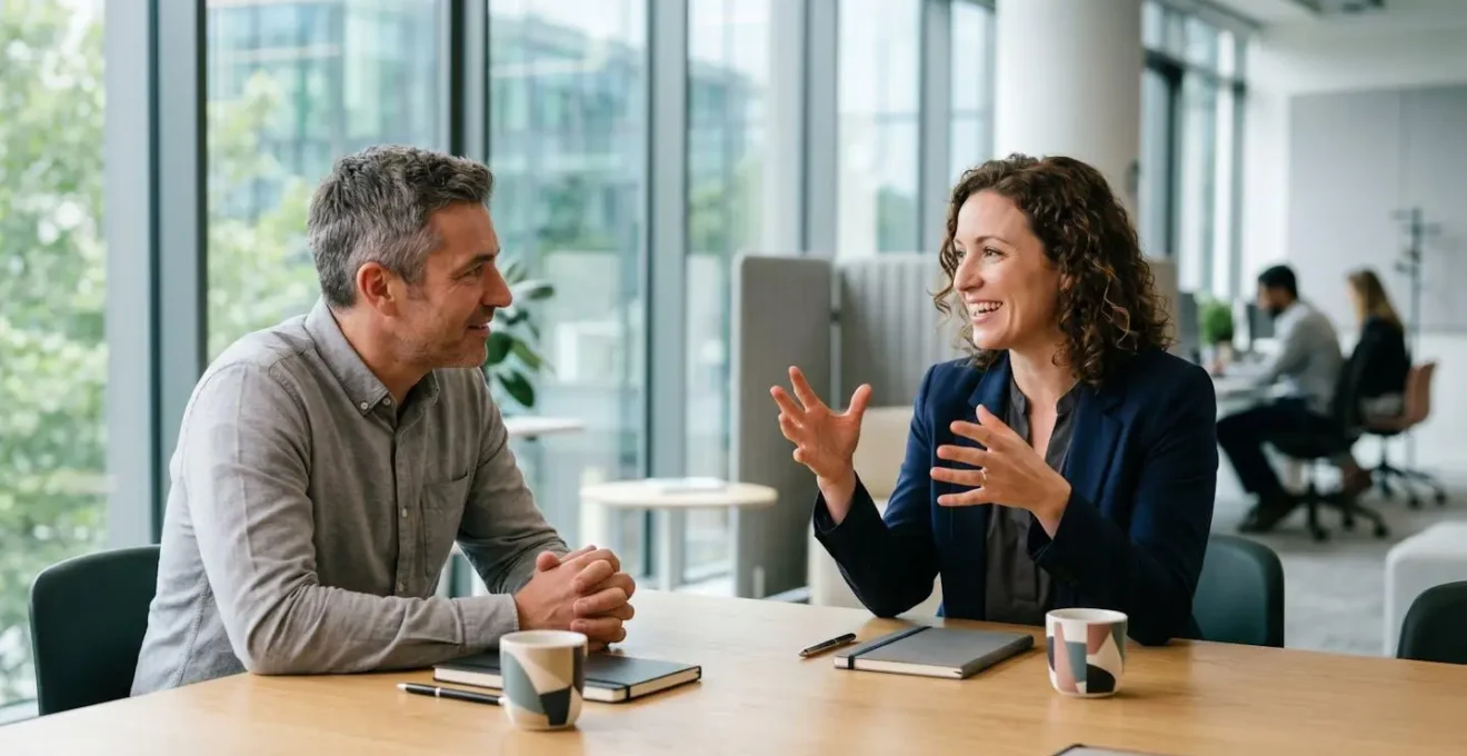 Two professionals engaged in deep listening during one-on-one meeting