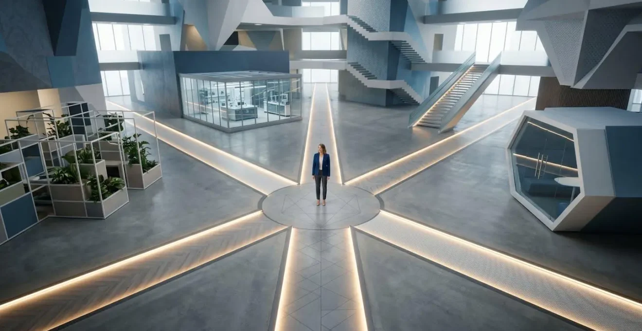A professional navigating multiple illuminated career pathways in a modern, abstract office space, representing diverse opportunities.