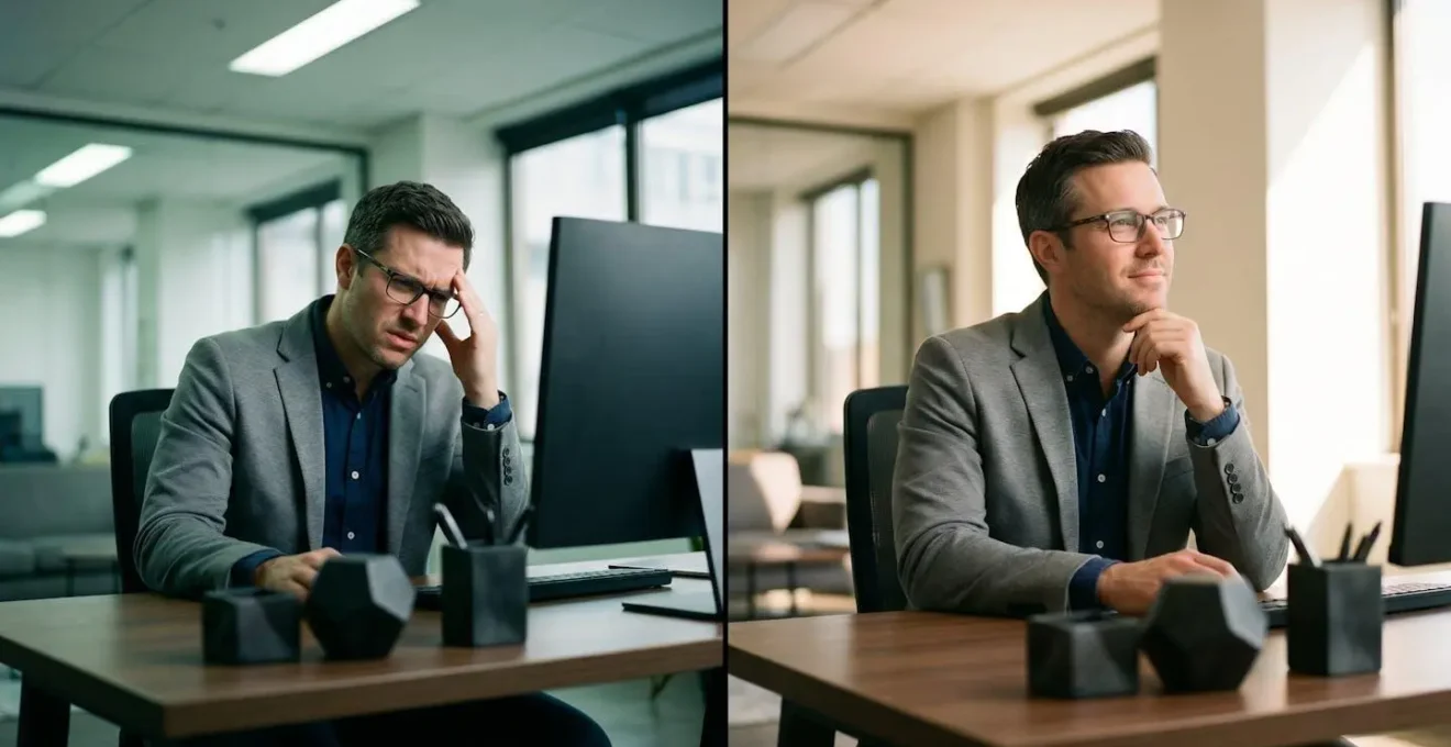 Professional practicing cognitive empathy through thoughtful reflection in office setting