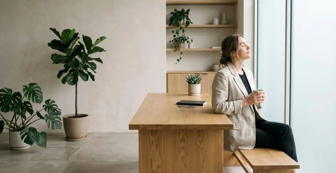 A professional taking a mindful break in a serene, minimalist workspace with natural light and plants, suggesting balance and restoration.